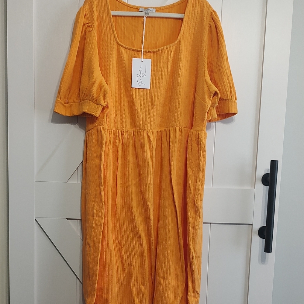 Vibrant Orange Puff Sleeve Scoop Neck Midi Dress
